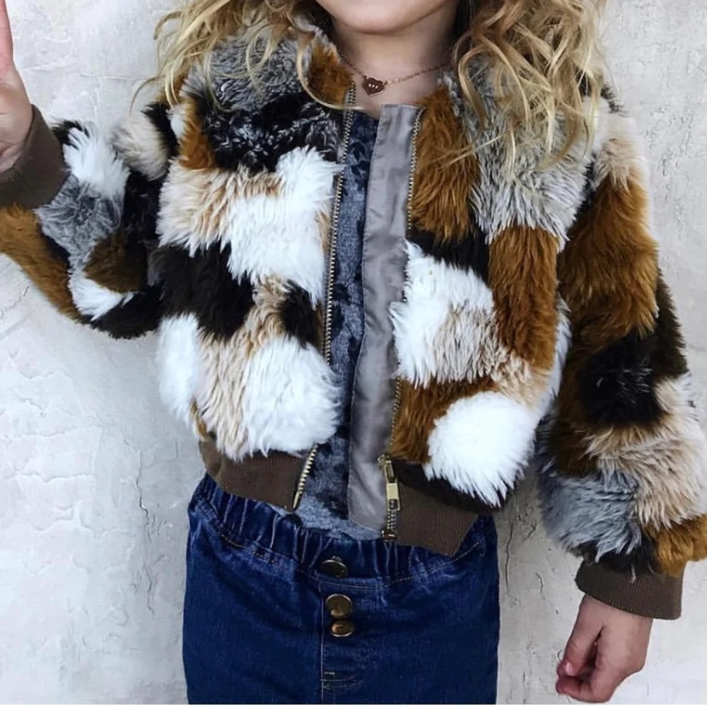 Pink Chicken Faux Fur Brown & Ivory Zip Up Jacket SIZE 3